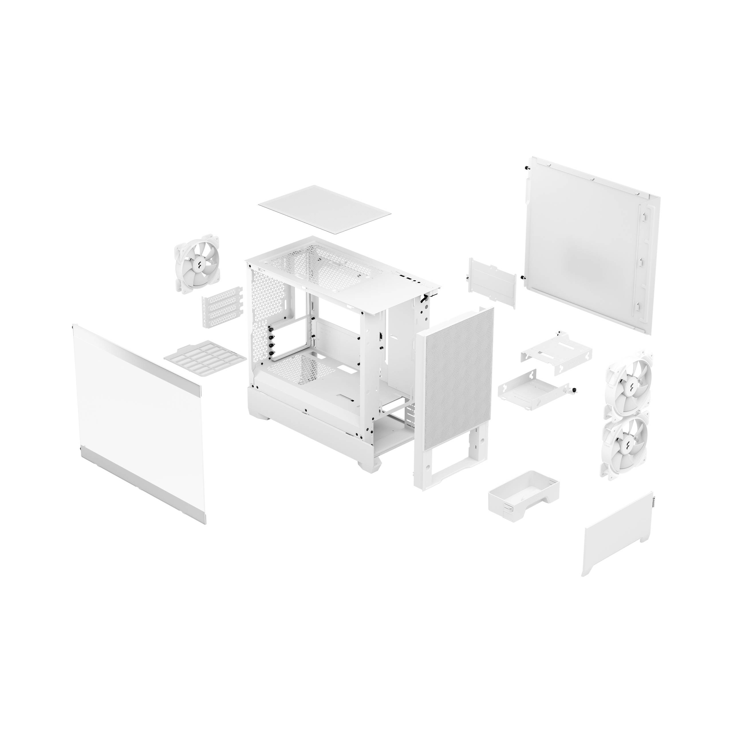 Boîtier d'ordinateur démonté avec plusieurs composants individuels, incluant des ventilateurs, des panneaux latéraux et un châssis en blanc, présenté en vue éclatée.