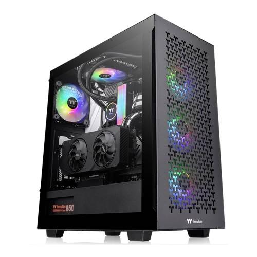 Un PC gaming ouvert montre des lumières LED colorées et des ventilateurs à travers la paroi latérale transparente.