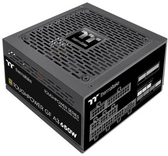 Bloc d'alimentation PC de 650 watts portant l'inscription « Thermaltake Toughpower GF A3 », design noir avec grilles de ventilation et connexions sur le côté.