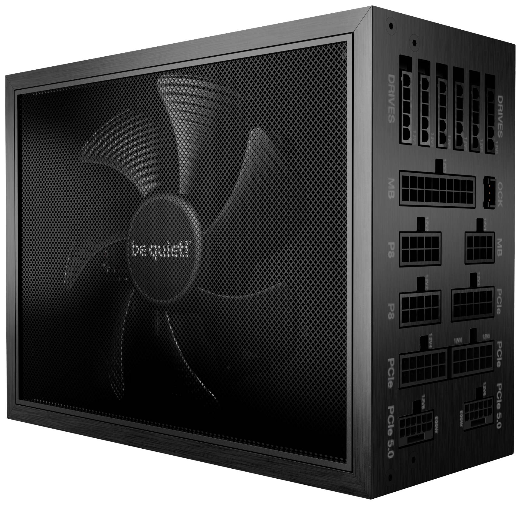 Bloc d'alimentation d'ordinateur noir avec ventilateur. Nom de marque 'be quiet!' visible. Le côté droit montre plusieurs emplacements de connexion.