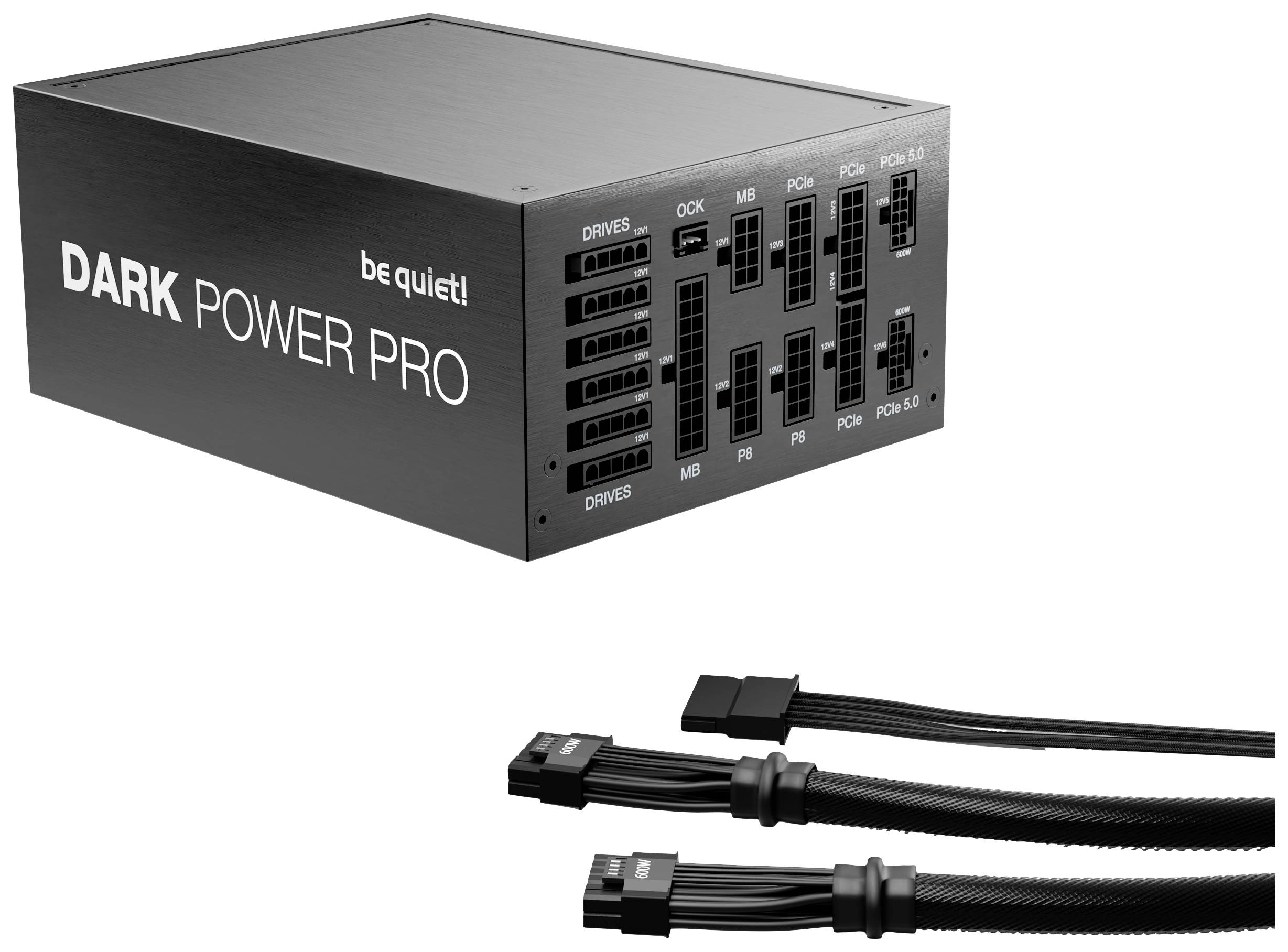 Bloc d'alimentation 'Be quiet! Dark Power Pro' avec plusieurs connexions et câbles modulaires.