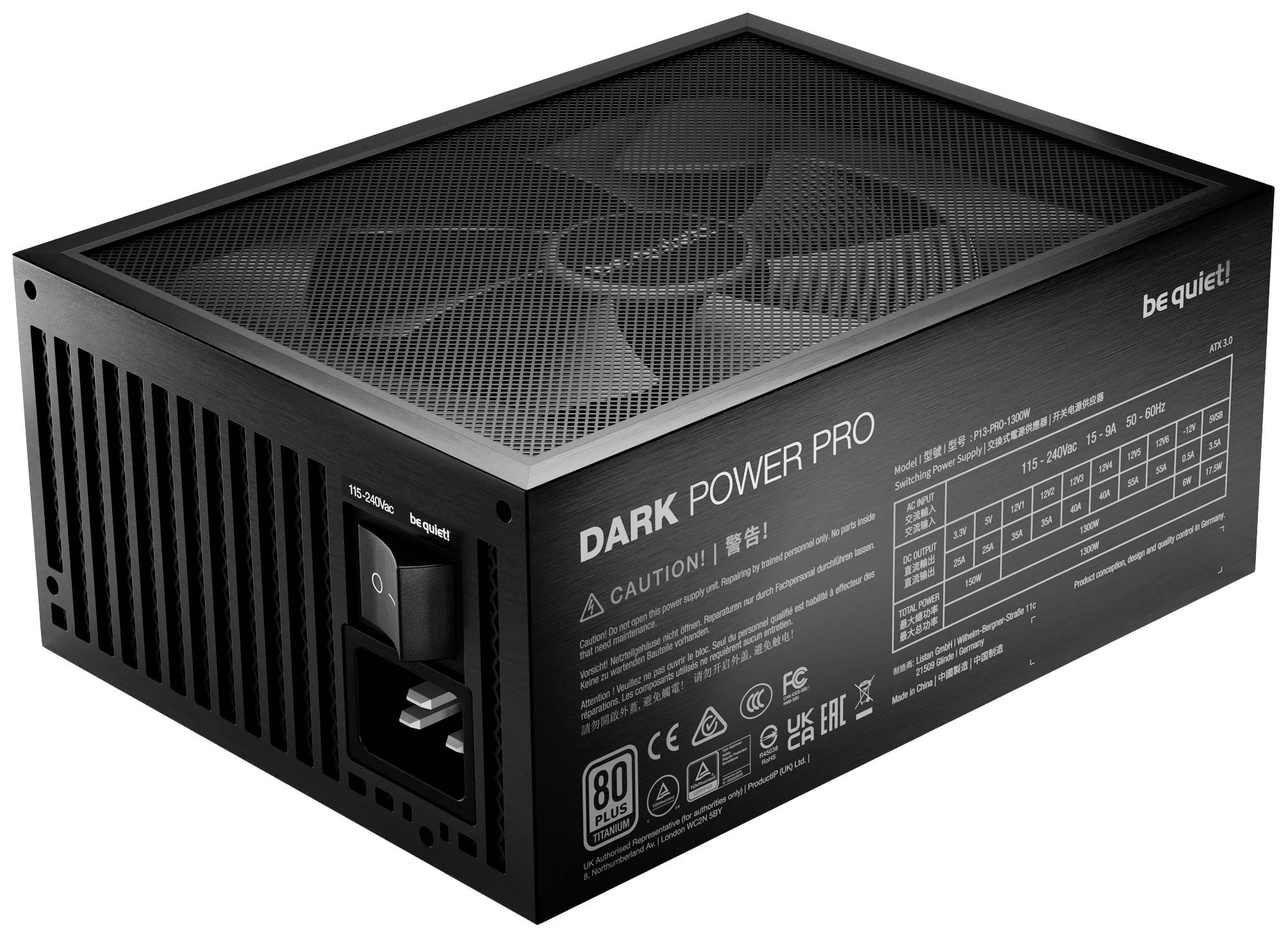 Bloc d'alimentation 'Dark Power Pro' de Be Quiet! en noir, avec ventilateur et connecteurs. Certifié économe en énergie avec la norme 80 Plus.