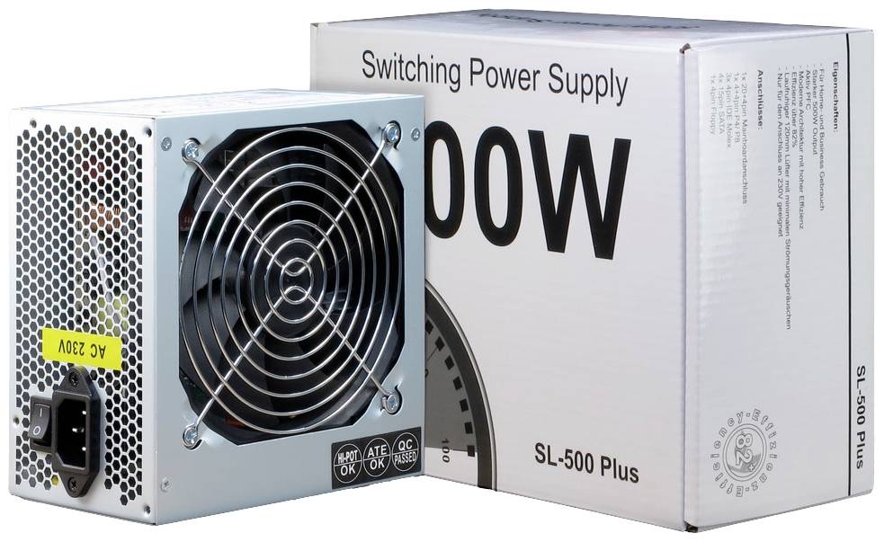 Bloc d'alimentation avec ventilateur et câble de connexion, à côté de son emballage d'origine portant l'inscription '500W'. Adapté pour le matériel informatique.