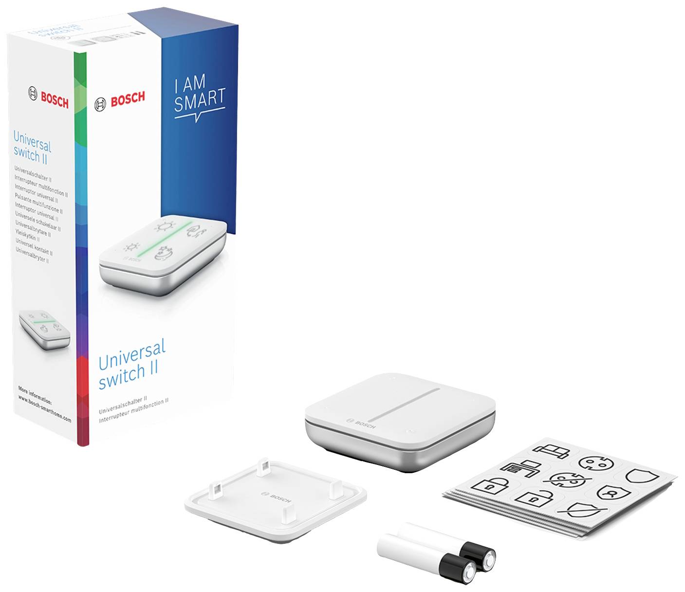 Bosch Universal Switch II : Emballage avec logo et slogan « I am smart », présentant la télécommande, des symboles et des accessoires sur un fond blanc.