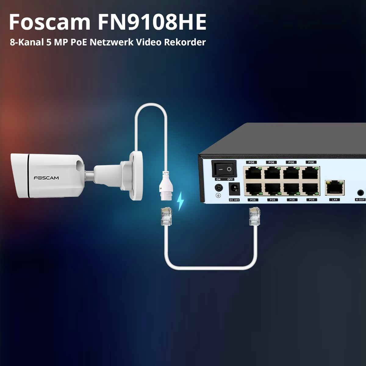 Enregistreur réseau PoE Foscam FN9108HE à 8 canaux et 5 MP, montrant les connexions caméra et réseau.