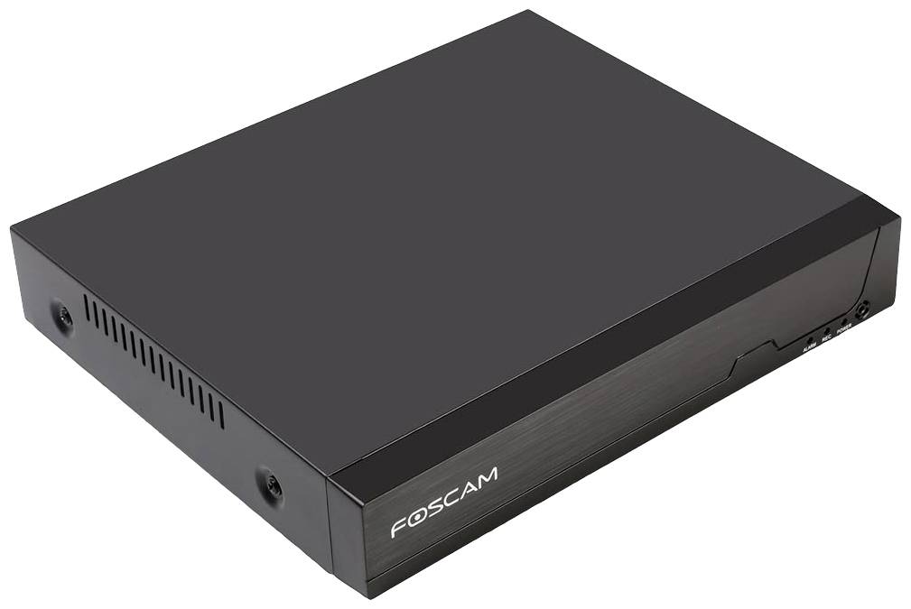 Appareil de sécurité 'Foscam' de couleur noire, sous forme de boîtier, probablement un DVR ou un NVR pour la vidéosurveillance, visible sur le côté et le dessus.