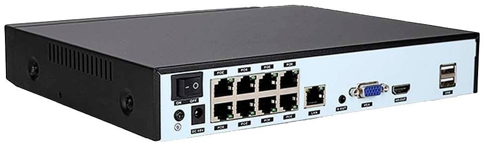 Un périphérique réseau noir doté de plusieurs ports Ethernet, d'un port VGA et de ports USB, adapté aux réseaux de bureau ou domestiques.