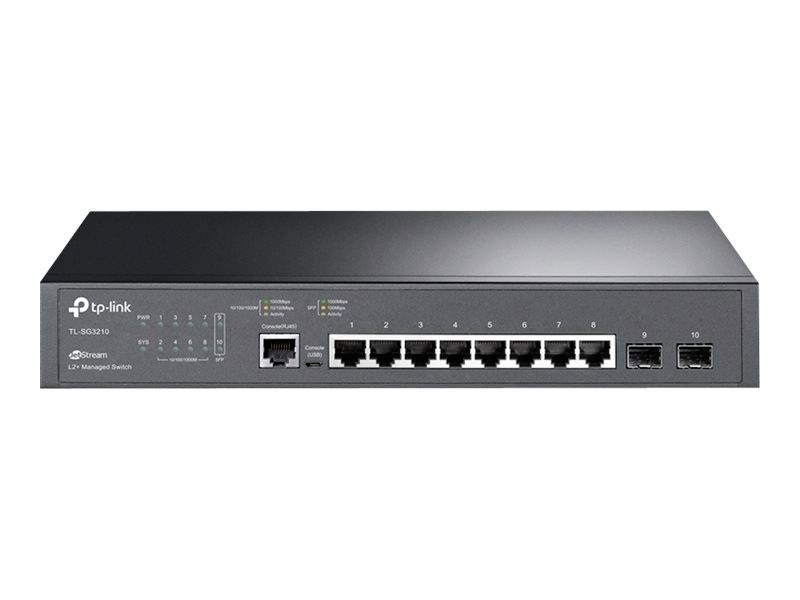 Un commutateur réseau noir de TP-Link avec dix ports Ethernet et deux ports SFP, adapté à la mise en place de réseaux.