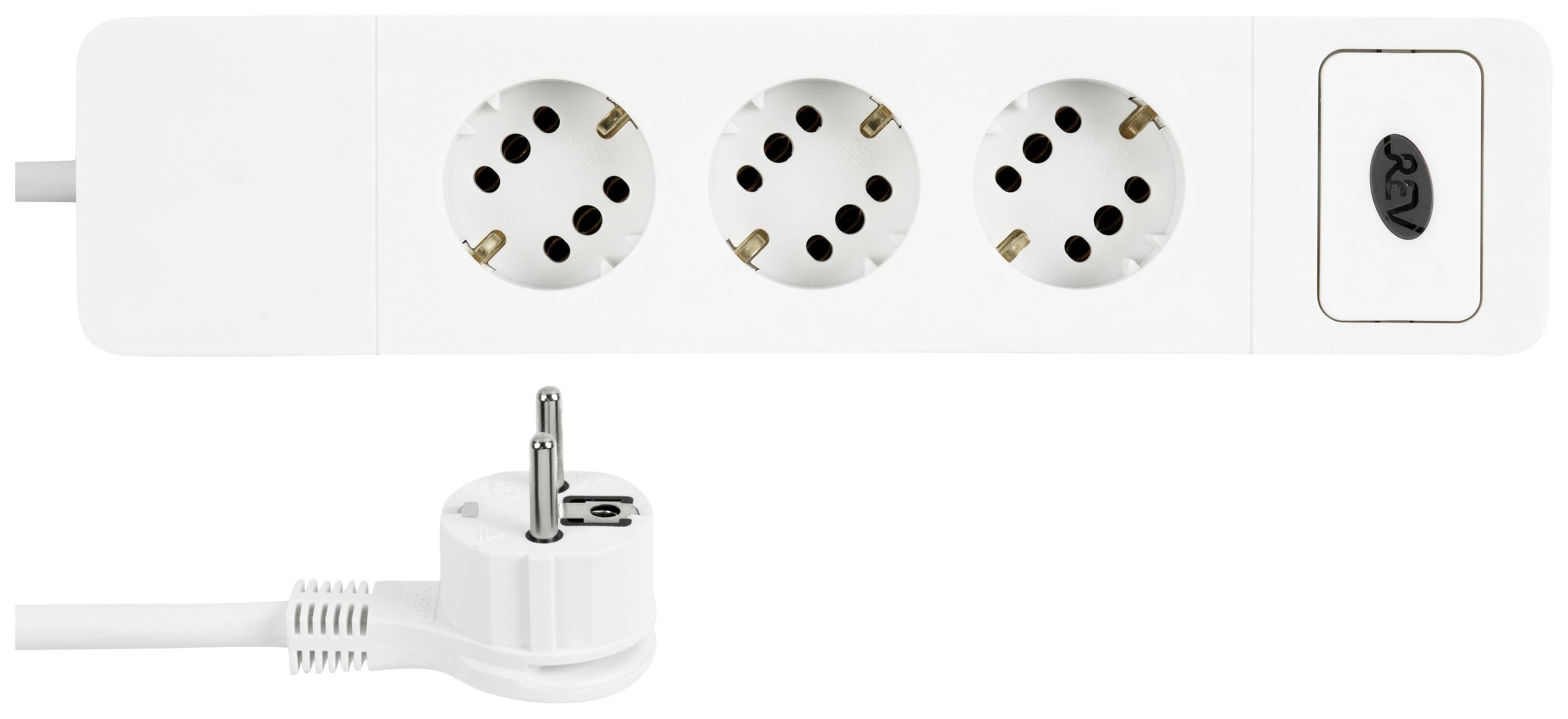 Multiprise triple avec interrupteur et fiche européenne. Adaptée pour connecter plusieurs appareils à une même source d'alimentation.