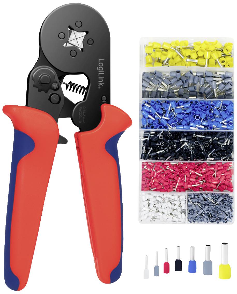 Pince à sertir avec poignée rouge et bleue à côté d'un organiseur contenant des cosses de câble triées de différentes couleurs et tailles.