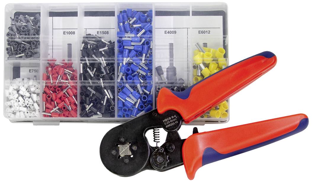 Un ensemble de embouts de câble de différentes couleurs (noir, rouge, bleu, jaune) et une pince à sertir pour le traitement des câbles.