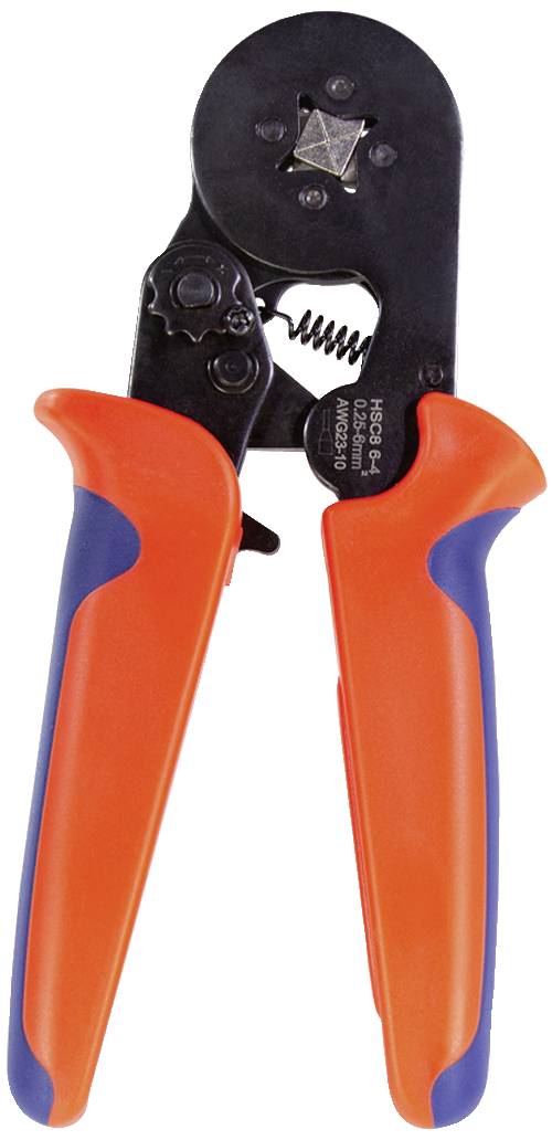 Outil de sertissage à poignées orange et bleues. Utilisé pour connecter des câbles et des connecteurs.