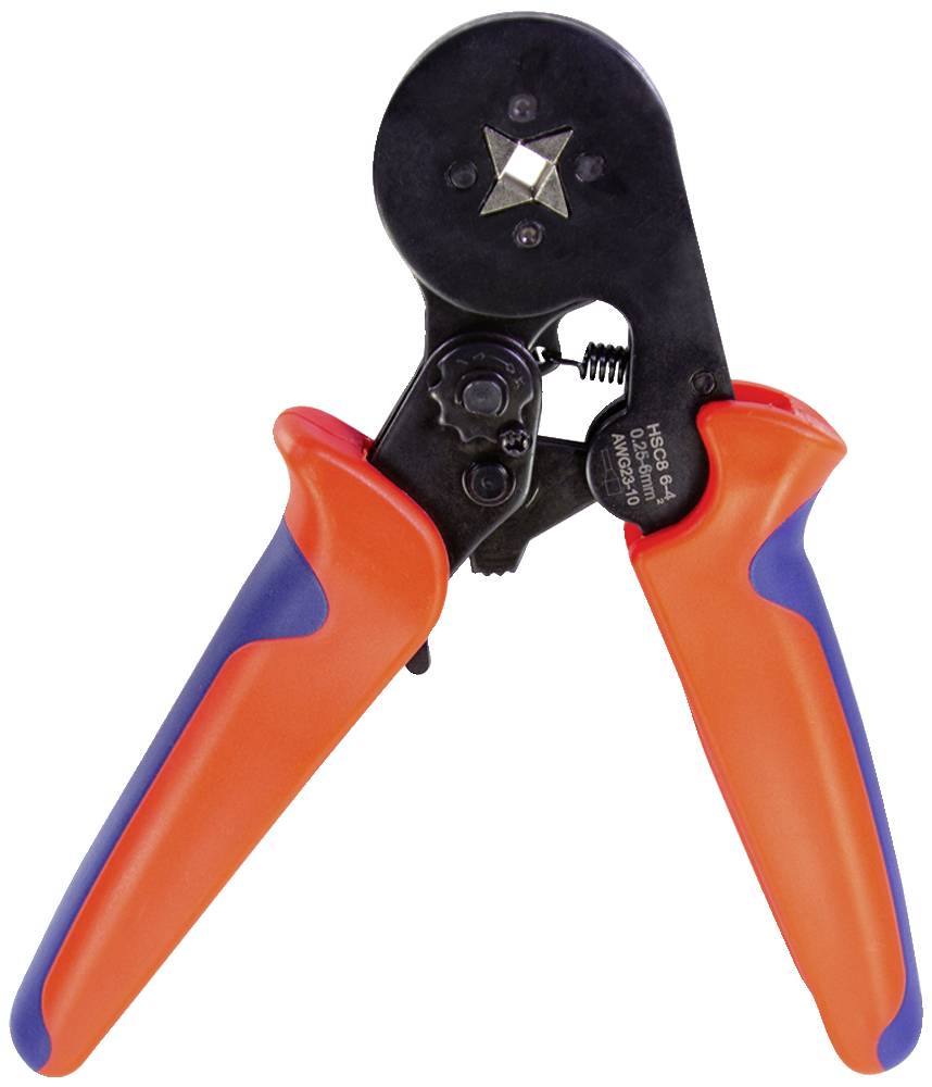 Pince à sertir avec poignées orange et tête noire, adaptée au sertissage de câbles, mécanisme de levier visible, usage industriel.