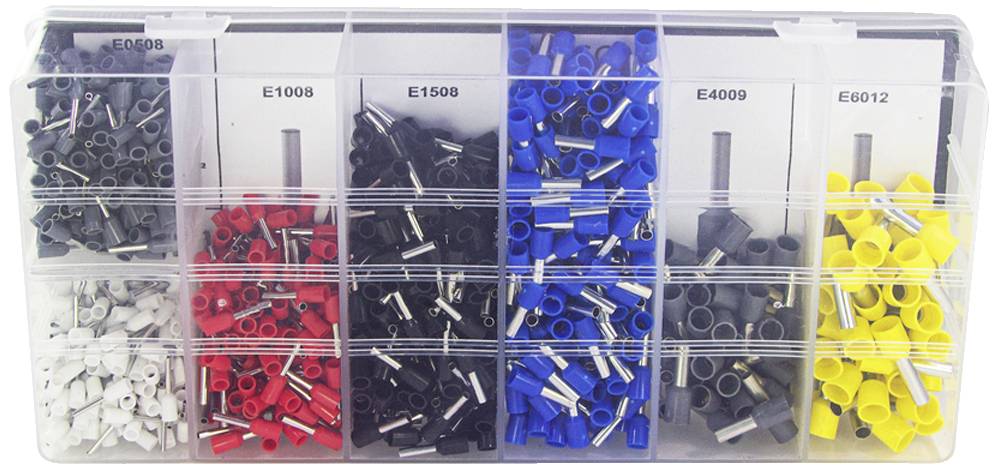 Un coffret d'assortiment à six compartiments, rempli de cosses de câble de différentes couleurs. Chaque compartiment contient une taille et une couleur différente.