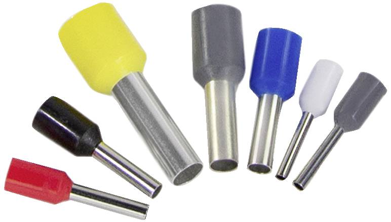Plusieurs embouts de câble de différentes couleurs sur un fond blanc, de tailles variées, utilisés pour raccorder les extrémités de câbles.