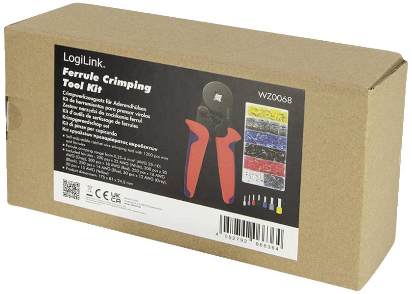 Boîte en carton portant l'inscription « Kit d'outils de sertissage de cosses de LogiLink ». Montre un outil de sertissage et cinq différentes tailles de cosses de câble.
