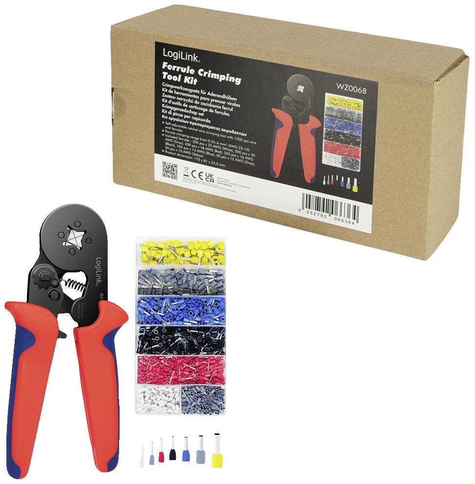 Sur l'image, on peut voir un ensemble de LogiLink comprenant une pince à sertir les embouts de câble et différents embouts de câble colorés dans un emballage en carton.