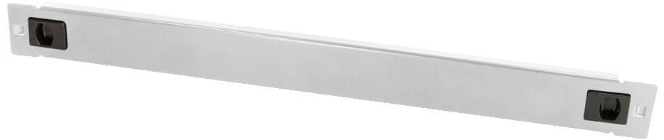 Barre métallique argentée avec des supports rectangulaires de chaque côté. Utilisation non identifiée.