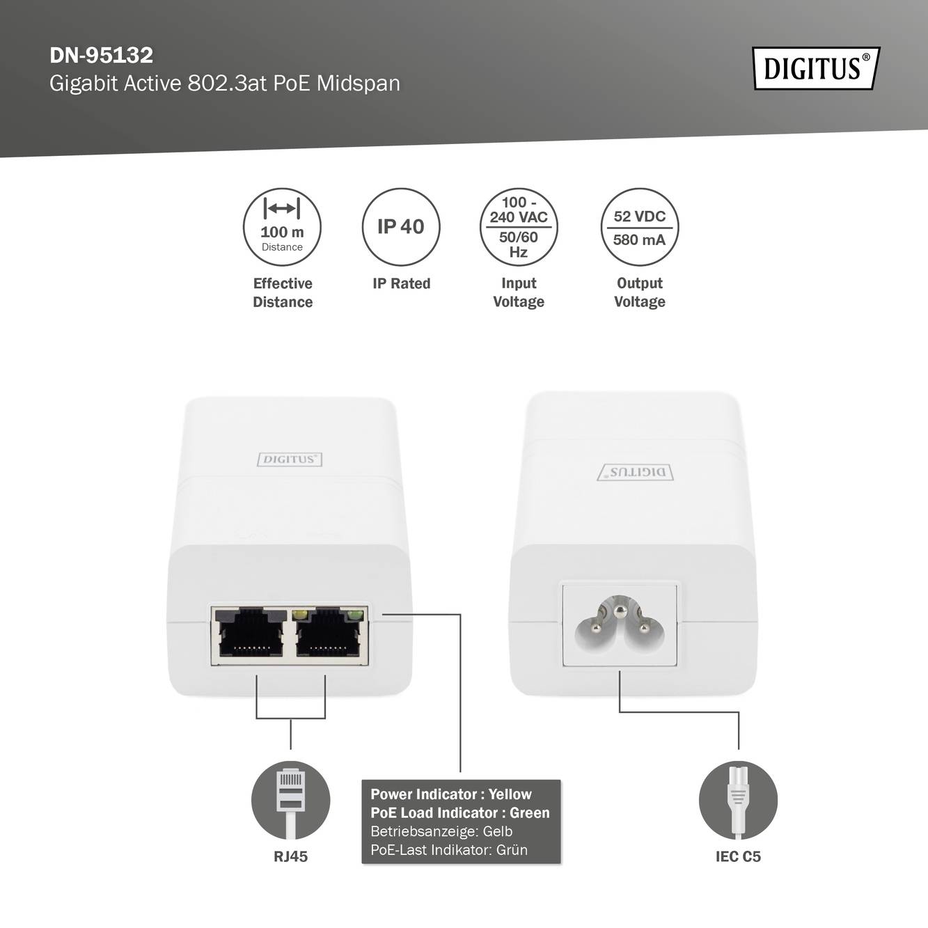 'Midspan actif Gigabit Digitus 802.3at PoE avec connexion RJ45 et connexion d'alimentation IEC C5. IP40, indicateur de charge PoE, entrée 100-240 VAC.'