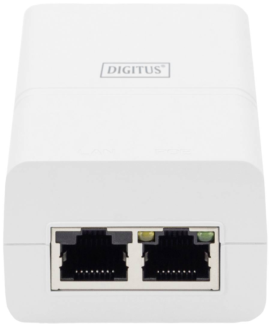 Un injecteur PoE blanc avec deux ports Ethernet à l'avant, étiquetés 'LAN' et 'PoE'. Logo de la marque en haut.