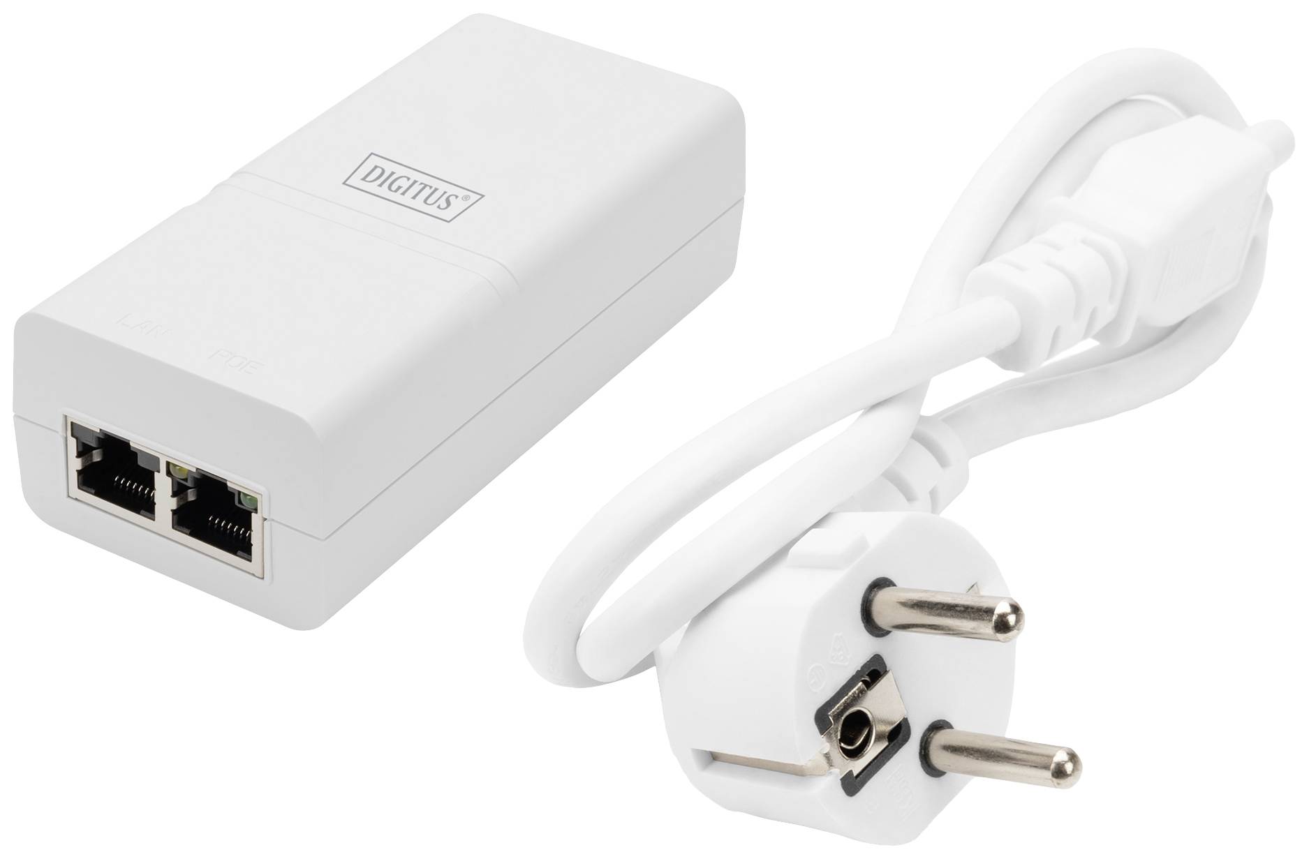 Un adaptateur PoE blanc de Digitus avec deux ports Ethernet et un câble secteur avec une fiche Schuko.