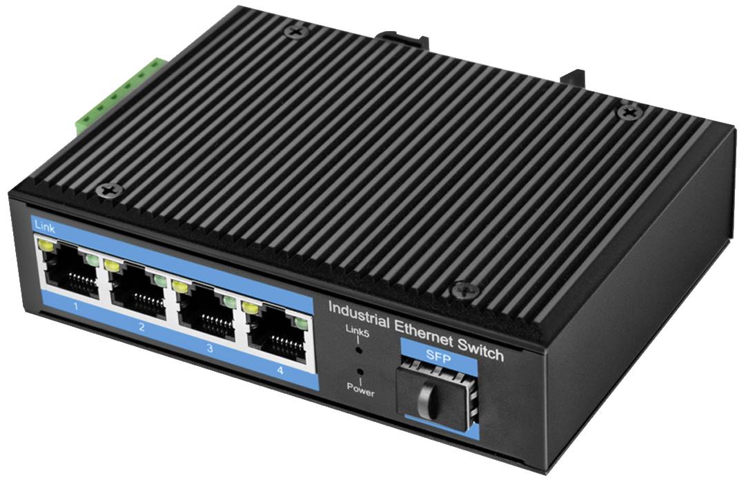 Commutateur Ethernet industriel avec quatre ports Ethernet et un port SFP. Adapté aux applications réseau robustes dans des environnements industriels.