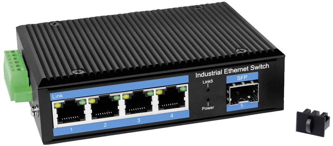 Commutateur Ethernet industriel à cinq ports, dont quatre ports RJ45 et un port SFP. Adapté pour une utilisation dans les réseaux.