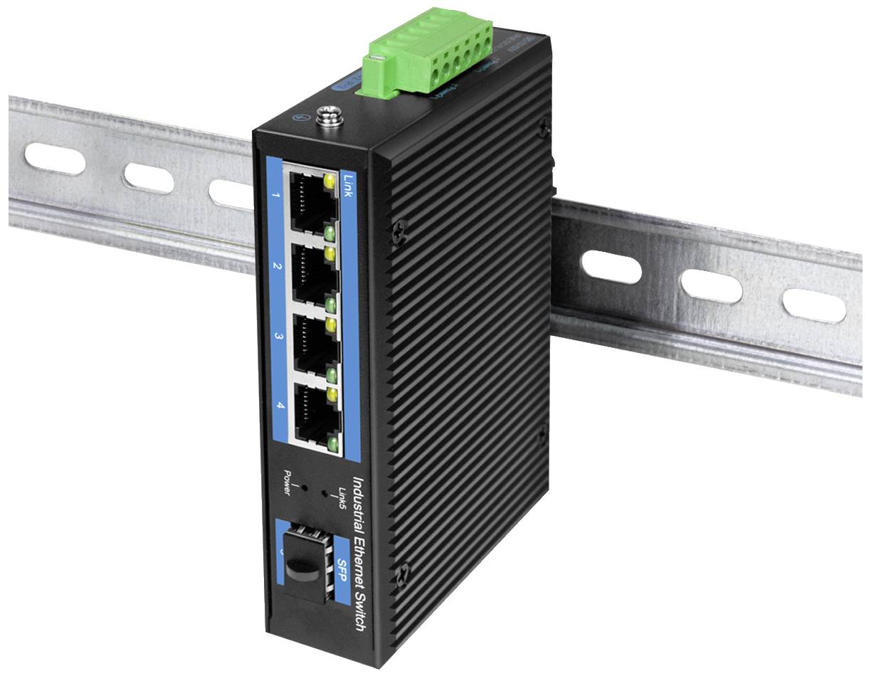 Un commutateur Ethernet industriel noir avec quatre ports réseau est monté sur un rail métallique.