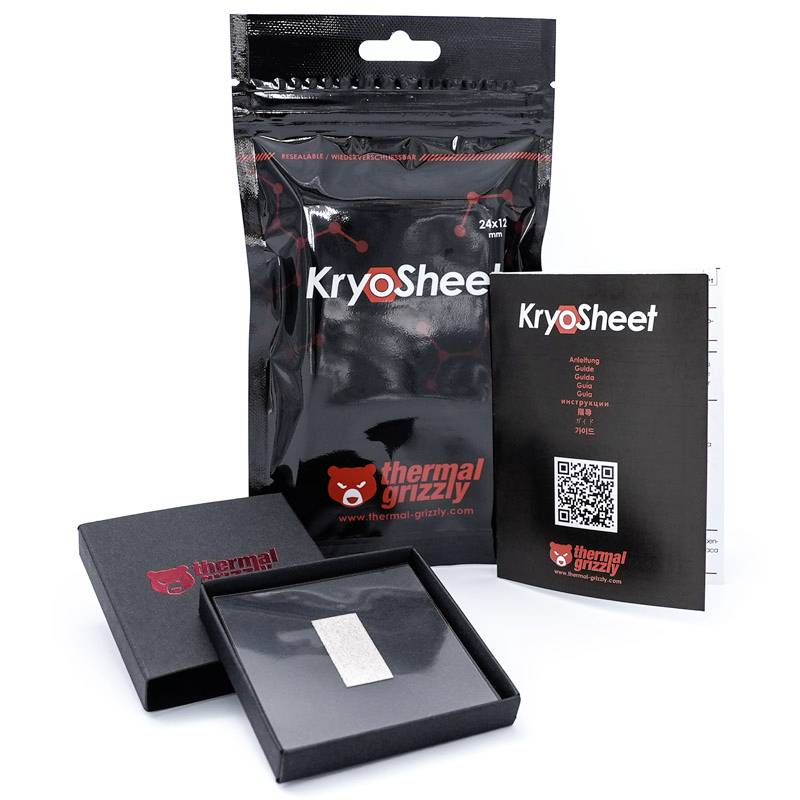 Image du produit KryoSheet de Thermal Grizzly, comprenant l'emballage, le produit et le mode d'emploi avec code QR.