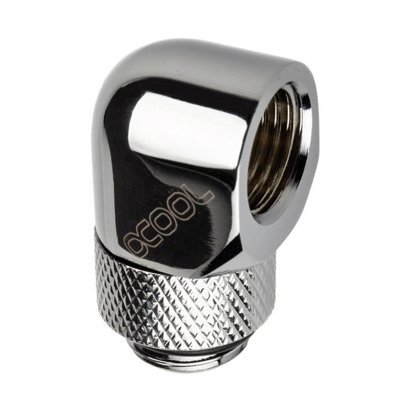 Adaptateur coudé chromé pour systèmes de refroidissement à eau avec raccords filetés, conception robuste pour des connexions sûres et flexibles.