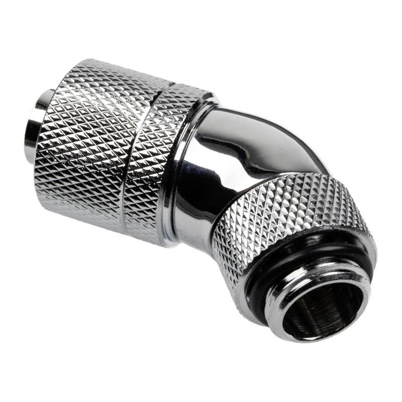 Un raccord métallique argenté, anguleux, fileté, avec une surface réfléchissante, probablement destiné à des tuyaux ou des flexibles.