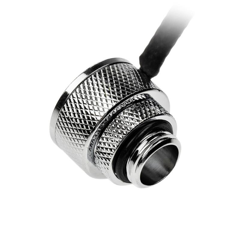 Un adaptateur métallique chromé à surface striée et câble noir est représenté ; il semble être un connecteur électrique.