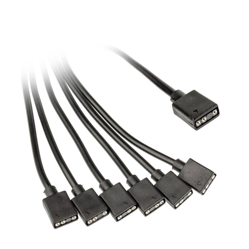 Un câble noir avec une connexion se divise en six connexions séparées qui s'écartent uniformément.