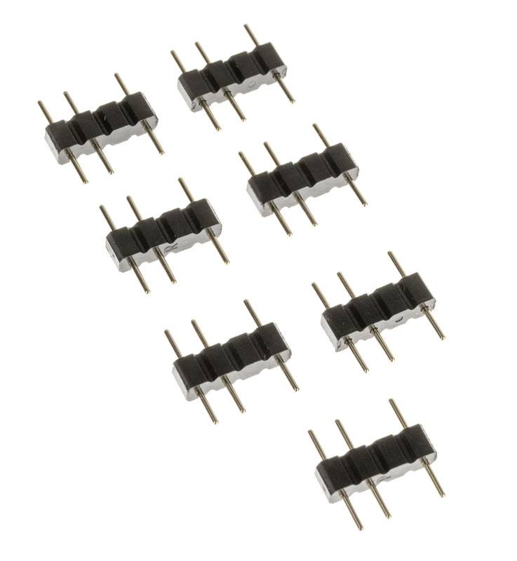 Une disposition de huit broches noires à en-tête, chacune avec trois broches métalliques, réparties uniformément sur un fond blanc.