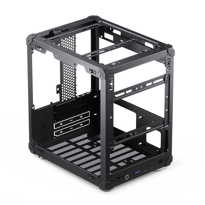 Boîtier d'ordinateur ouvert en métal, design noir, adapté aux constructions de PC personnalisées. Il présente des ouvertures de ventilation et un châssis de montage.