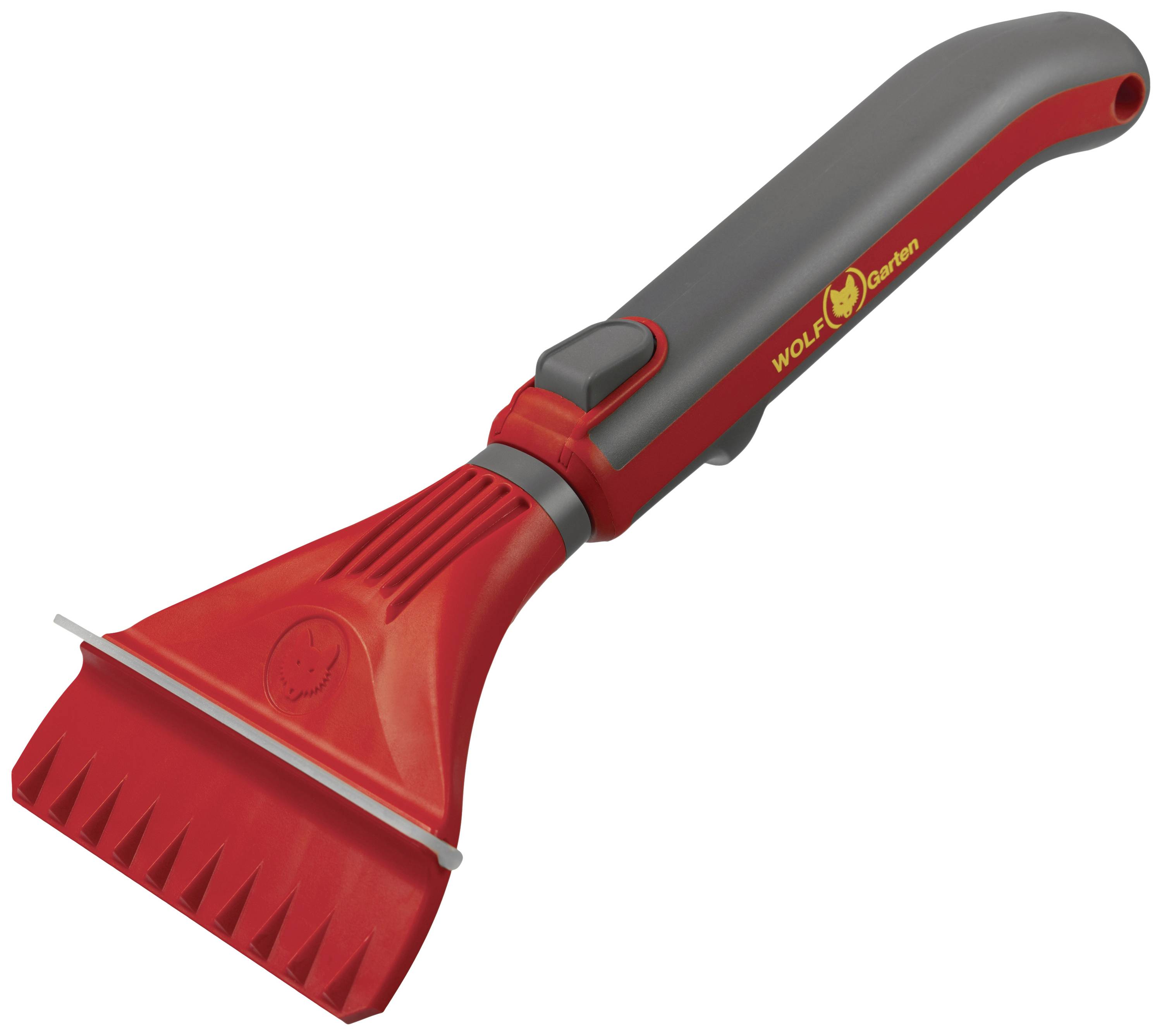 Grattoir à glace gris-rouge à poignée ergonomique, en matériau plastique robuste, avec bord dentelé pour enlever la glace sur les vitres de voiture.