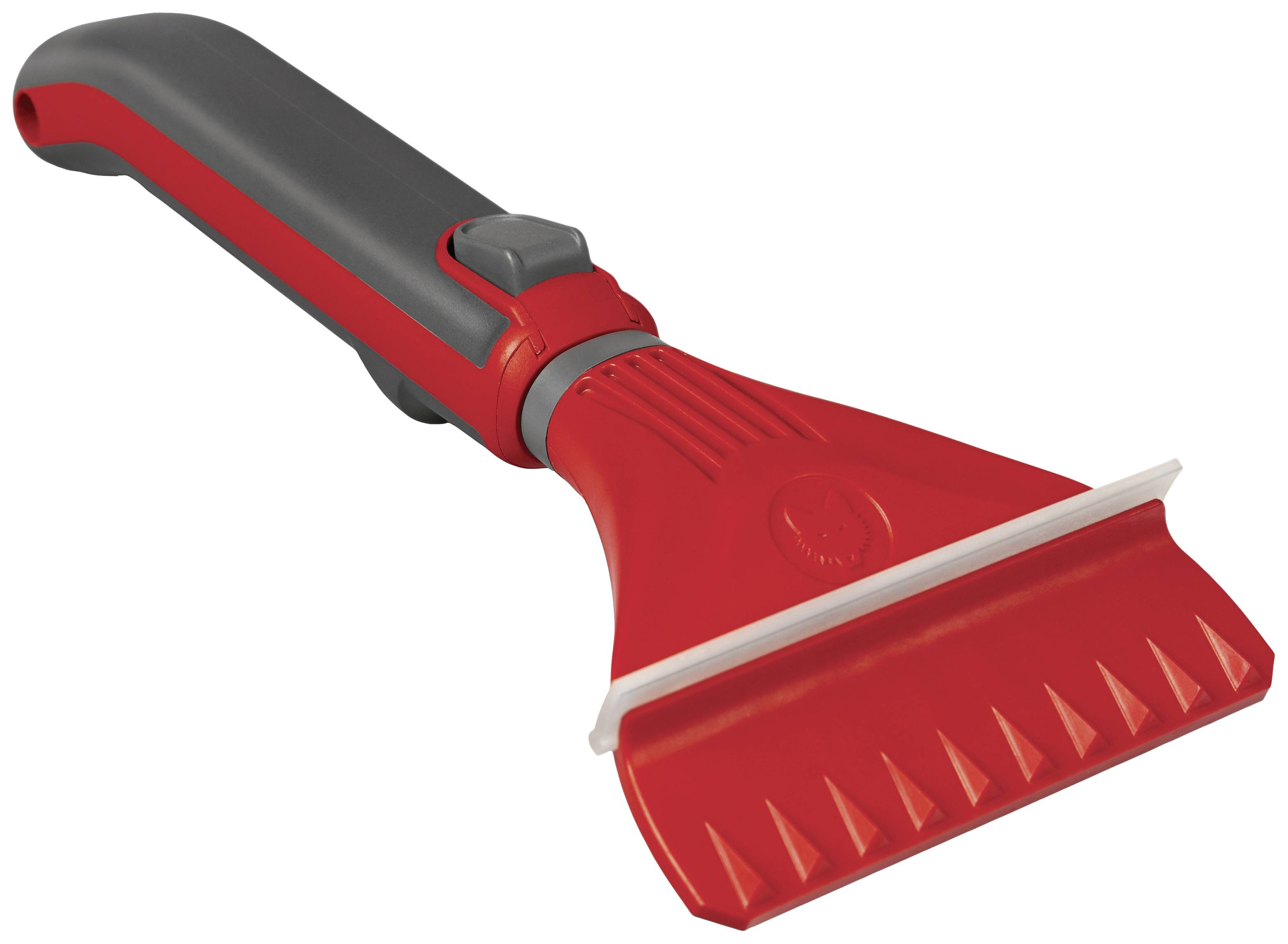 Grattoir à glace rouge avec manche gris.