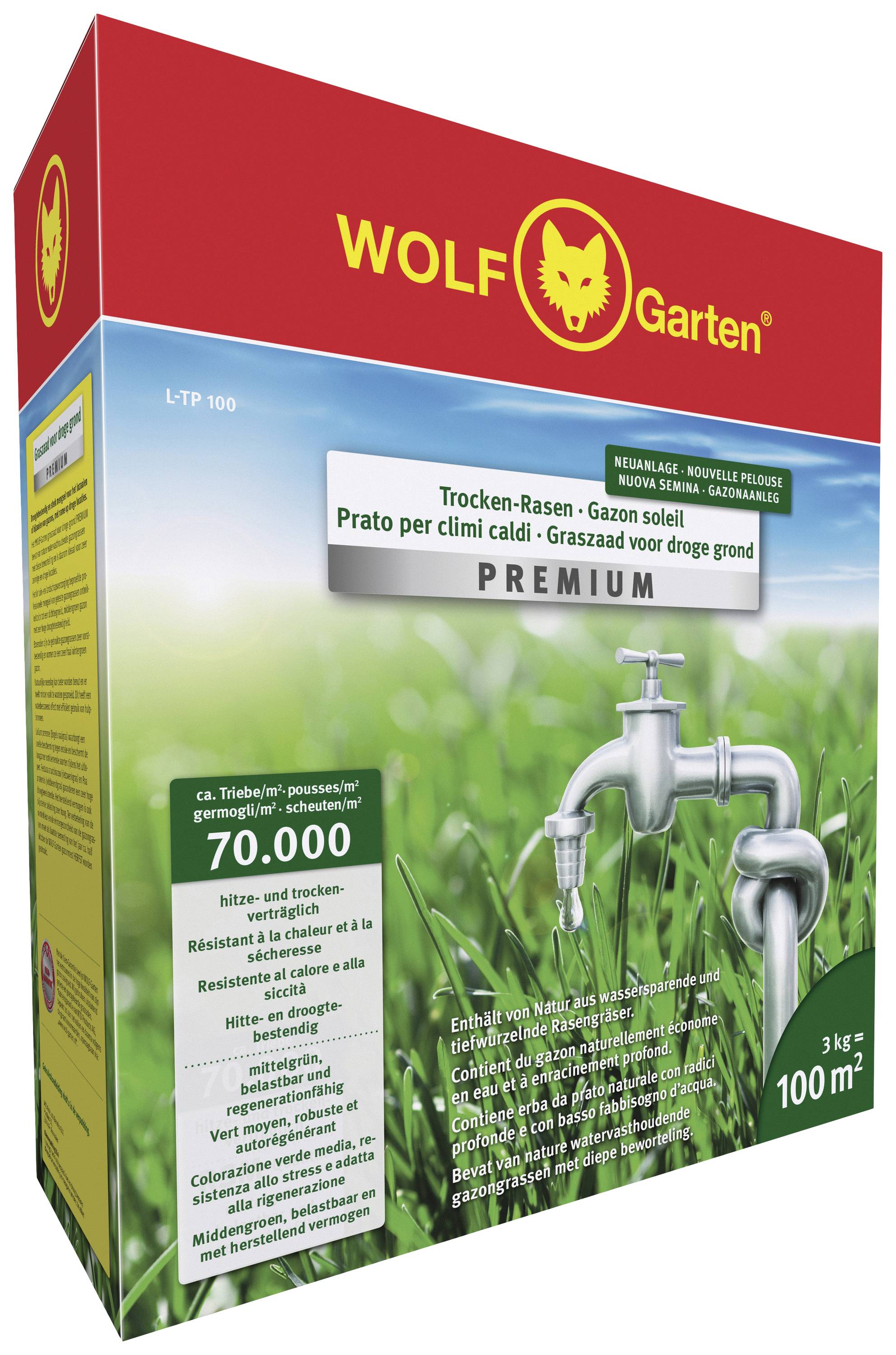 Emballage de Gazon Sec Premium Wolf Garten pour 100 m². Contient une image d'un robinet et des descriptions dans plusieurs langues.
