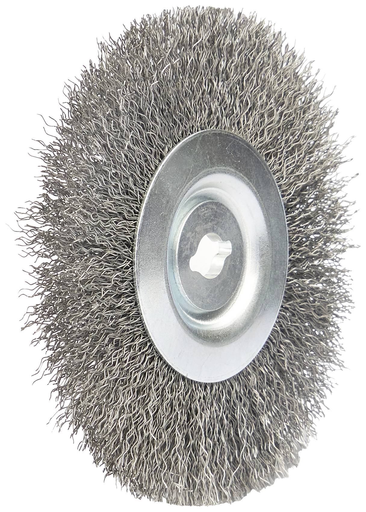 Une brosse métallique circulaire avec des poils en métal et un trou central, utilisée pour nettoyer ou éliminer la rouille sur des surfaces.