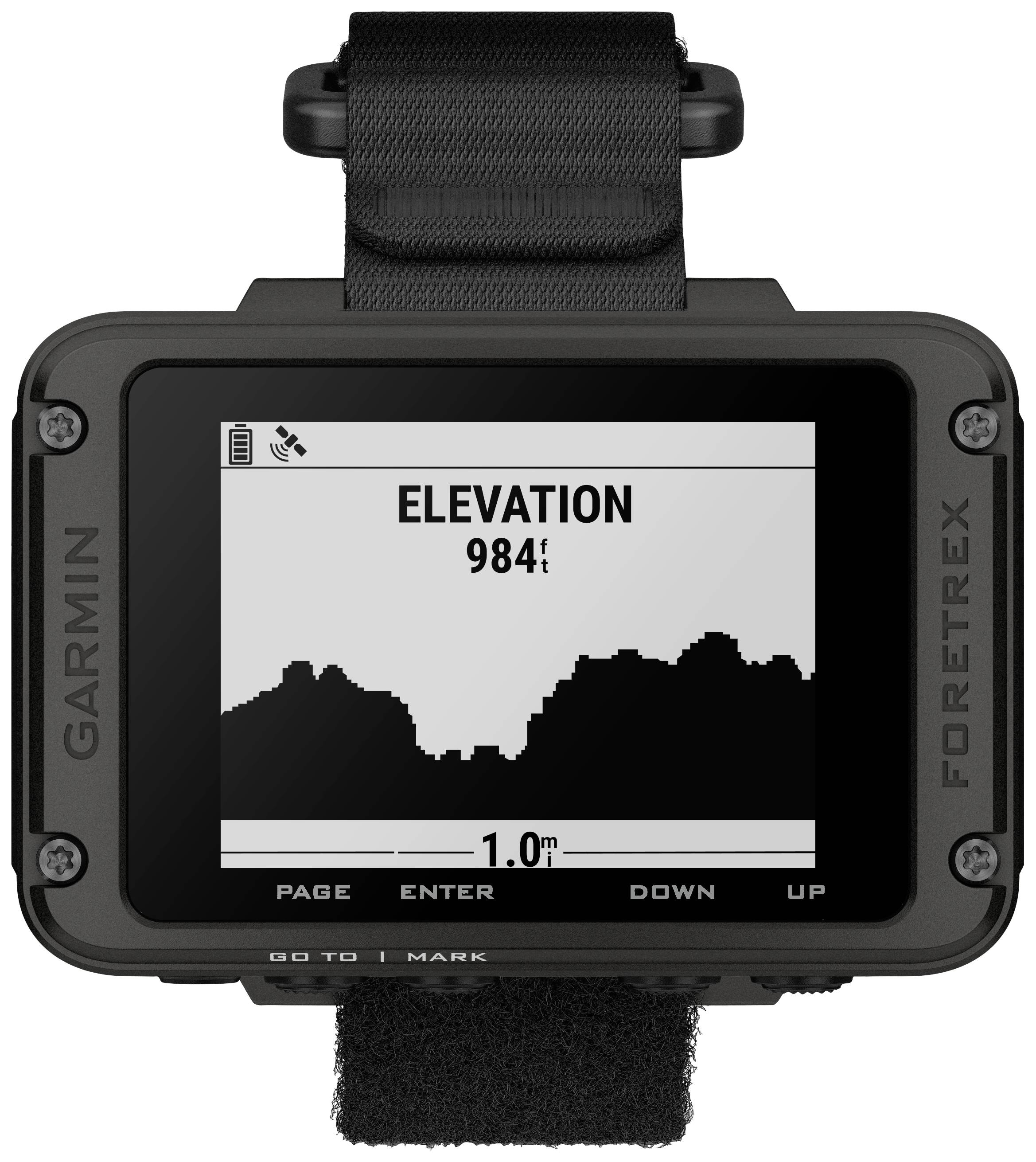 Un appareil de navigation portable affiche 'ELEVATION' avec une altitude de 984 pieds sur l'écran. Graphique de profil d'altitude en dessous.