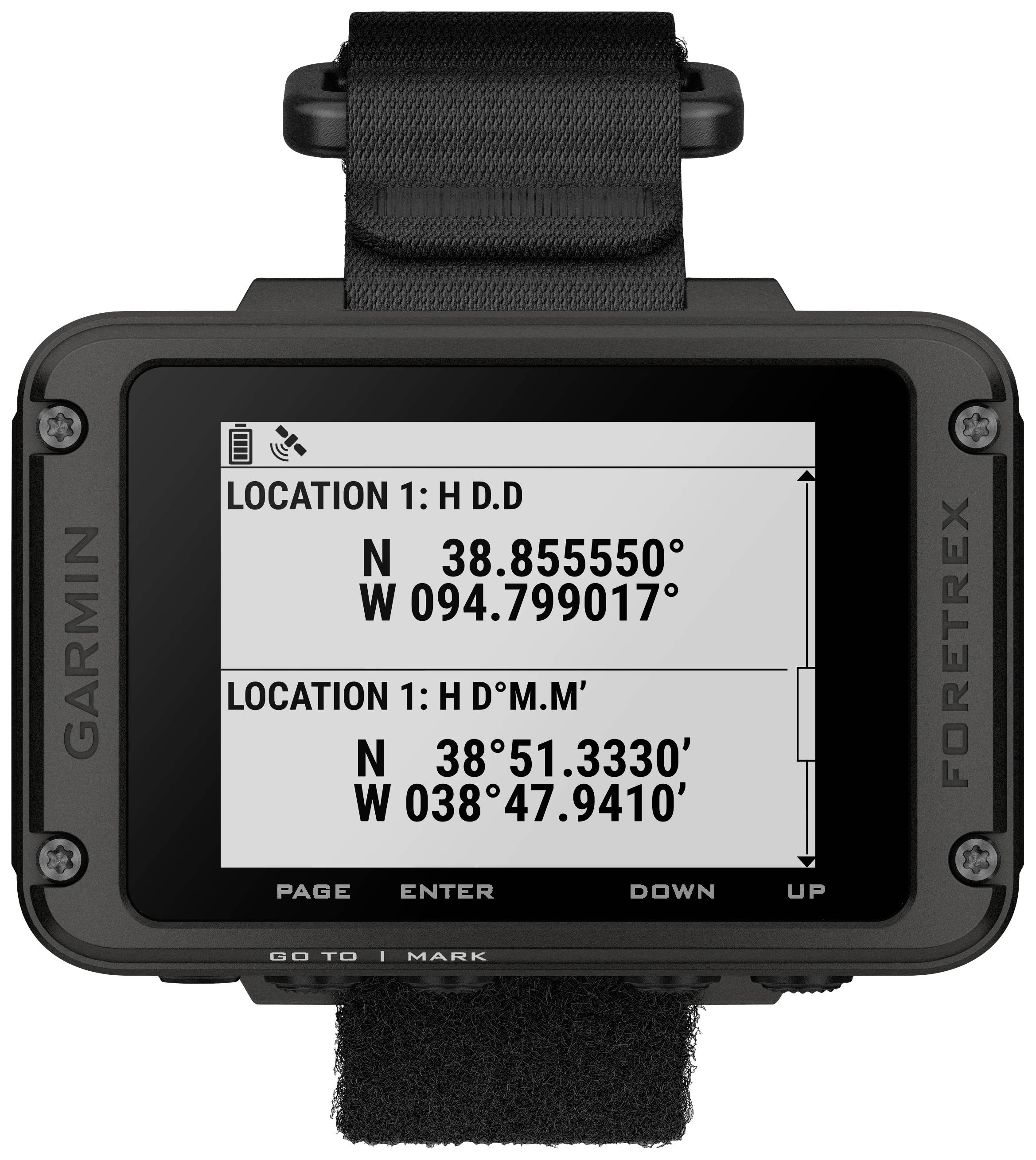Un appareil GPS affiche deux positions. Position supérieure : « N 38,855550°, O 094,799017° ». Position inférieure : « N 38° 51,3310', O 038° 47,9410' ».