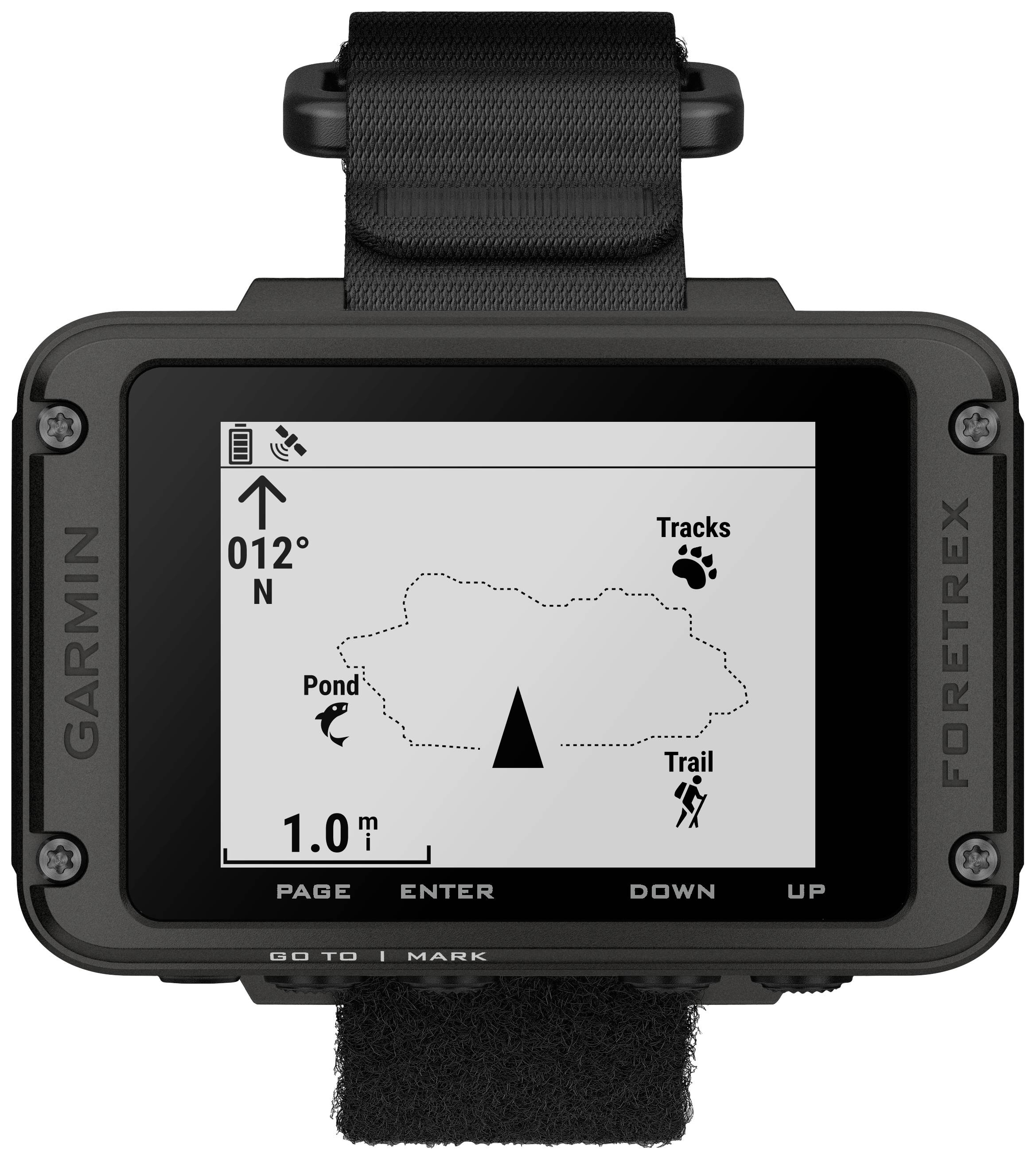 Un appareil GPS affiche une carte avec un symbole d'étang et un sentier. La flèche de direction pointe vers le nord. Le compteur de distance indique 1,0 m.