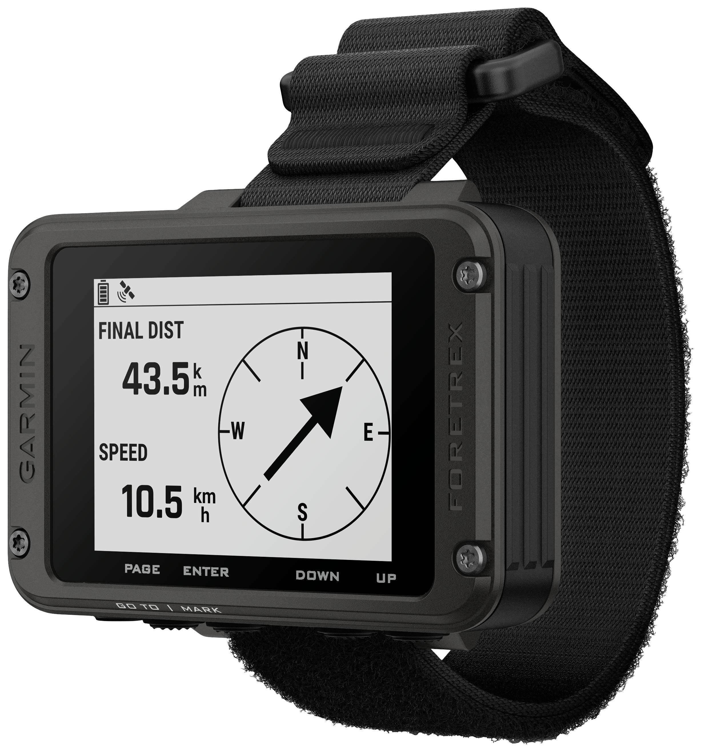 Montre GPS portable affichant 'Distance finale' de 43,5 km et 'Vitesse' de 10,5 km/h. Indique le nord sur le compas.