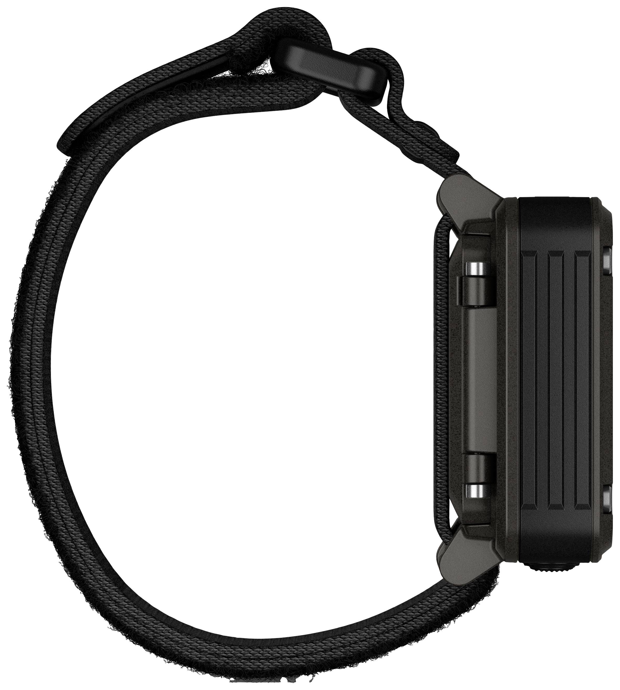 Une montre connectée noire de côté, montrant le bracelet et le boîtier.