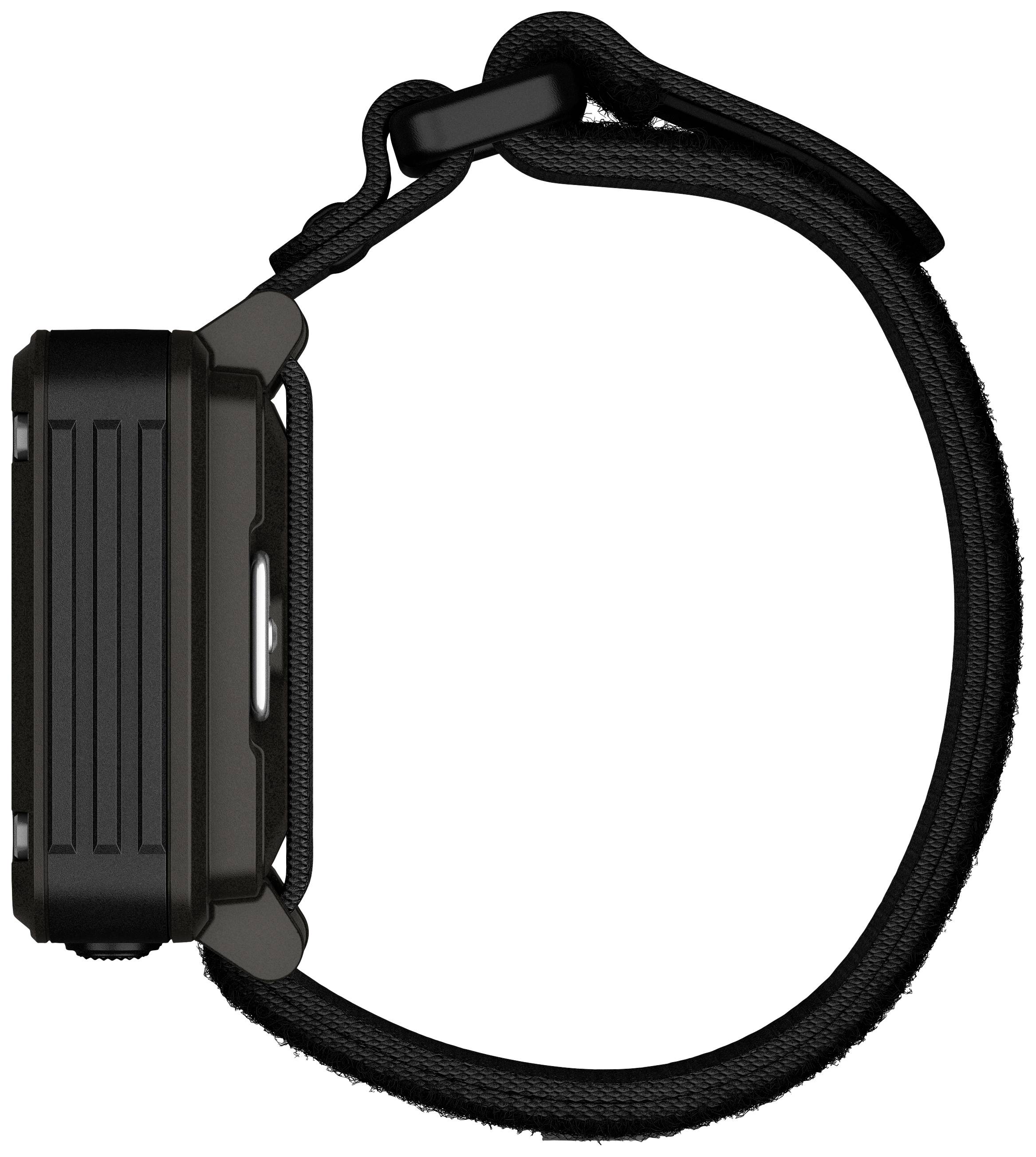 Une montre connectée avec un boîtier et un bracelet noirs est visible de profil.