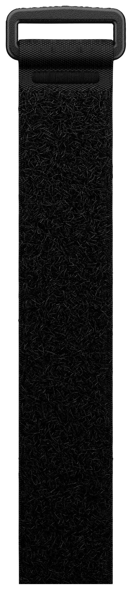 Une bande scratch noire et longue avec une boucle rectangulaire en plastique en haut, sur un fond blanc.
