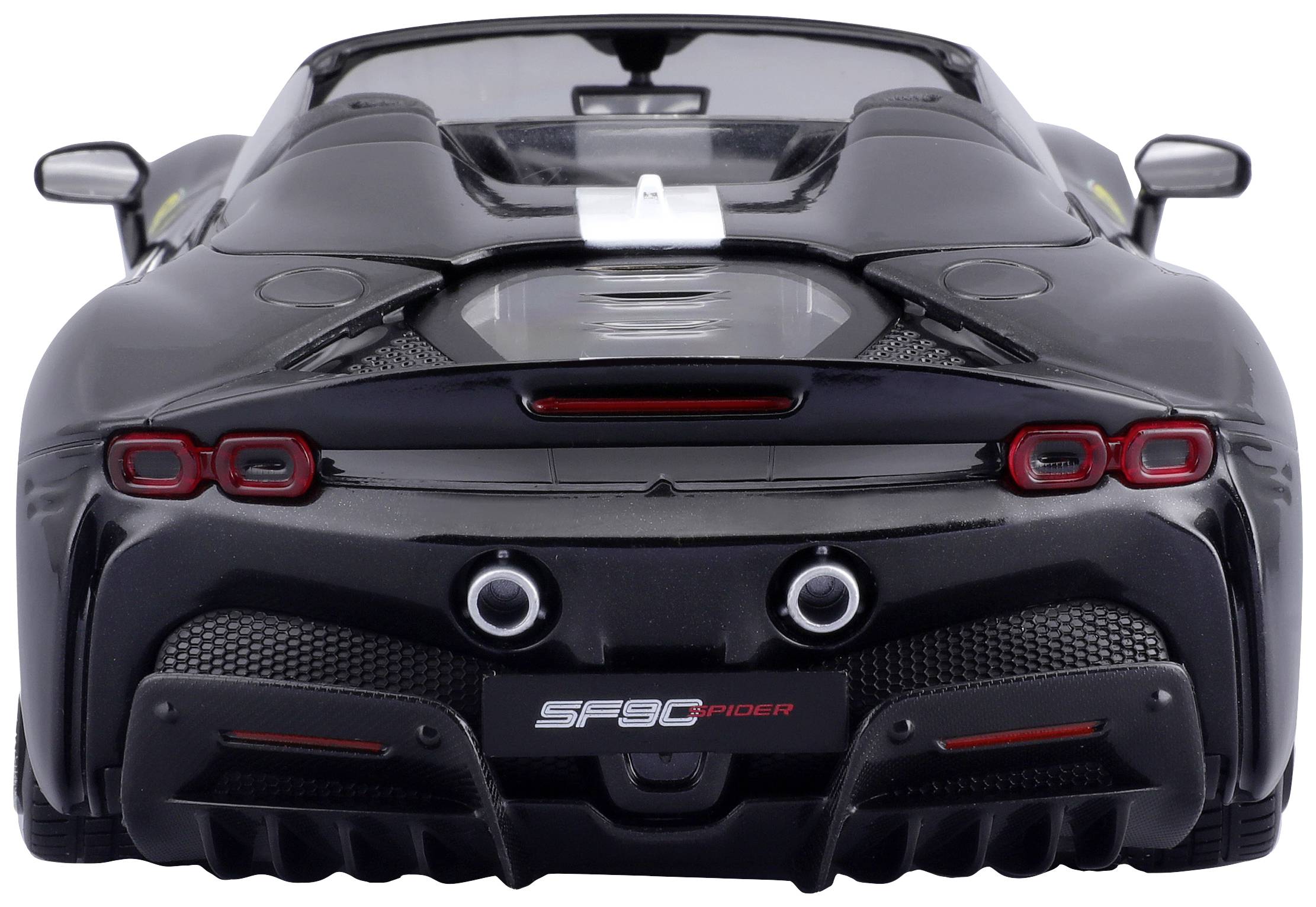 Cabriolet noir vu de l'arrière, deux sorties d'échappement, feux arrière et inscription 'SF90 Spider' visibles.