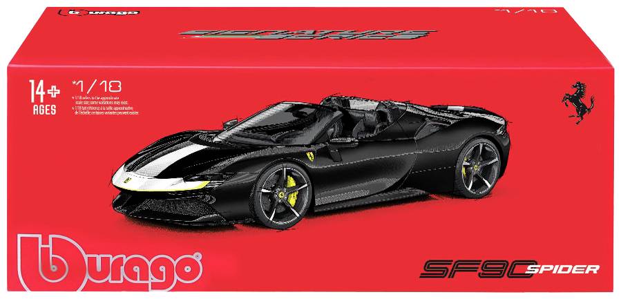 Une voiture miniature Ferrari SF90 Spider noire sur un emballage rouge Bburago, convenant aux personnes âgées de 14 ans et plus.