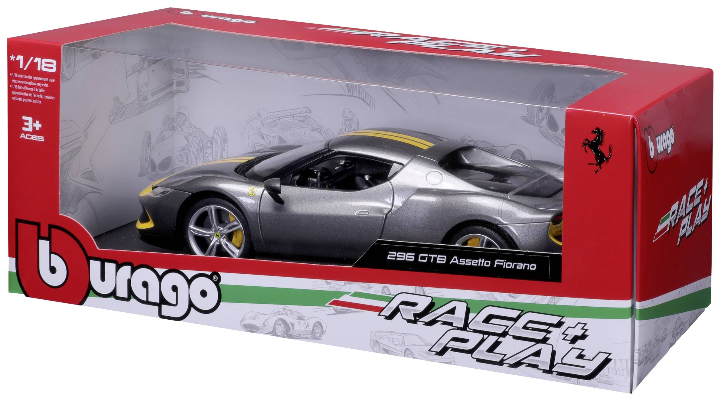 Bburago Ferrari R&P 296GTB Assetto Fiorano, grau/gelb 1:18 Modèle réduit de voiture