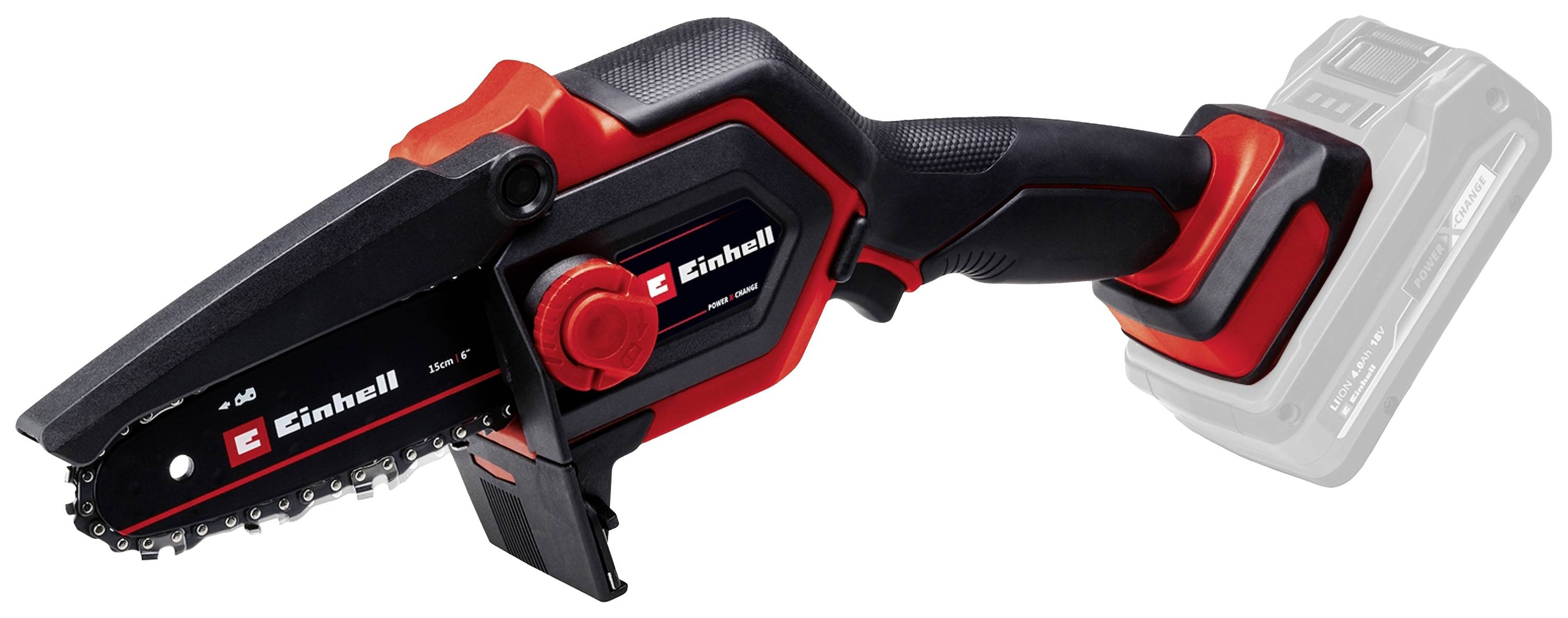 Tronçonneuse mini à batterie en noir et rouge avec poignée ergonomique, logo de marque 'Einhell' visible.